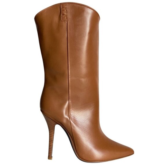 Lucchese Clarissa Western Dress Boot Sz 6.5 Tan Leather Pointed Toe Mid Length - Picture 2 of 16